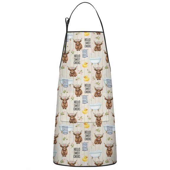 Beige Highland Cow Bathtub Flower Pattern Apron-Garden Aprons for Women with Pockets-Cotton Linen Waterproof Kitchen Cooking Gardening Aprons Adjustable for Kitchen,Cooking,BBQ and Salon 33x27 Inch