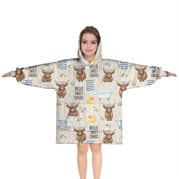 Beige Highland Cow Bathtub Flower Pattern Blanket Hoodies for Kids 6-13YR Oversize Wearable Blanket Hoodies for Boys Girls Teens