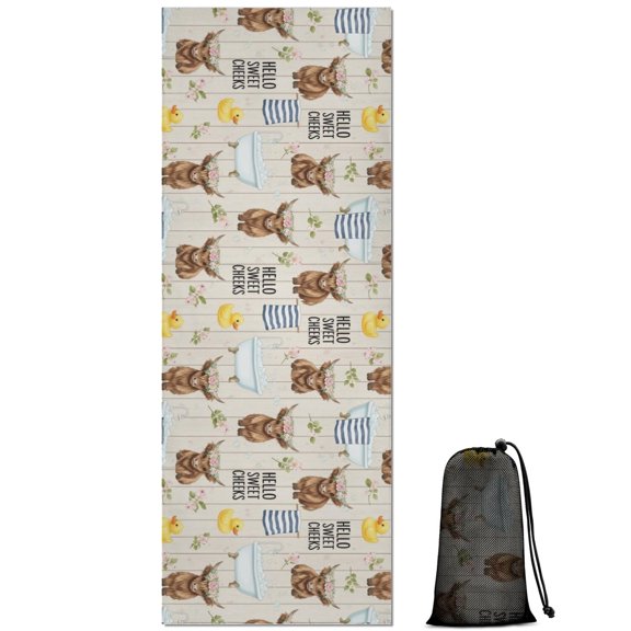 Beige Highland Cow Bathtub Flower Pattern Hot Yoga Mat Towel Non Slip for Hot Yoga - Quick-Drying Yoga Mat Cover with 4 Corner Pockets with Travel Bag - Hot Yoga Towel Non Slip 70"x26"