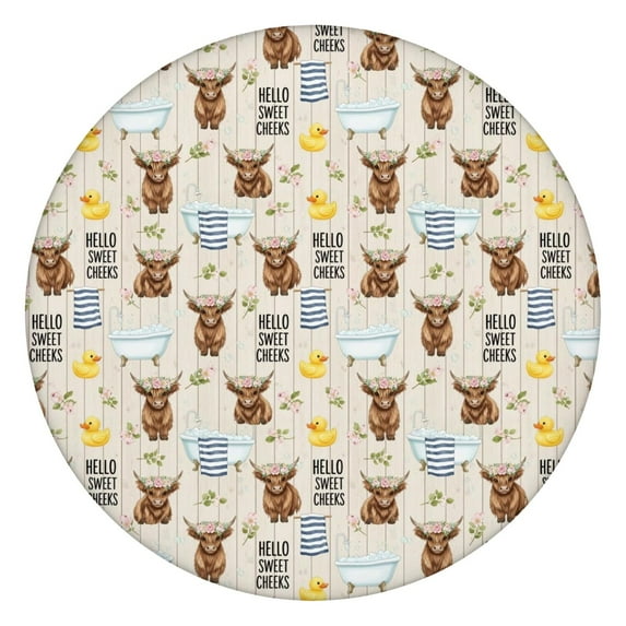 Beige Highland Cow Bathtub Flower Pattern Round Fitted Tablecloth with Elastic Edge,Dining Table Cover Waterproof,Outdoor Round Tablecloth for Camping,Dining,Indoor and Outdoor