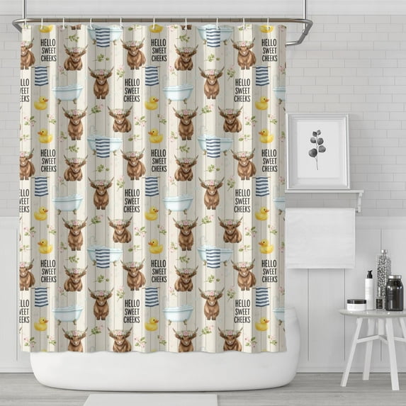 Beige Highland Cow Bathtub Flower Pattern Shower Curtain 72"x84" ,Bathroom Decorative Shower Curtains Set with 12 Hooks,Modern Waterproof Washable Shower Curtain