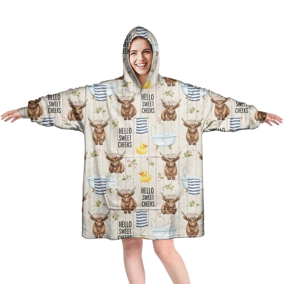 Beige Highland Cow Bathtub Flower Pattern Wearable Oversized Blanket,Wearable Blanket Hoodie for Adults,Cozy Hooded Blankets with Super Pockets,Super Warm Fuzzy Pullover for Women & Men