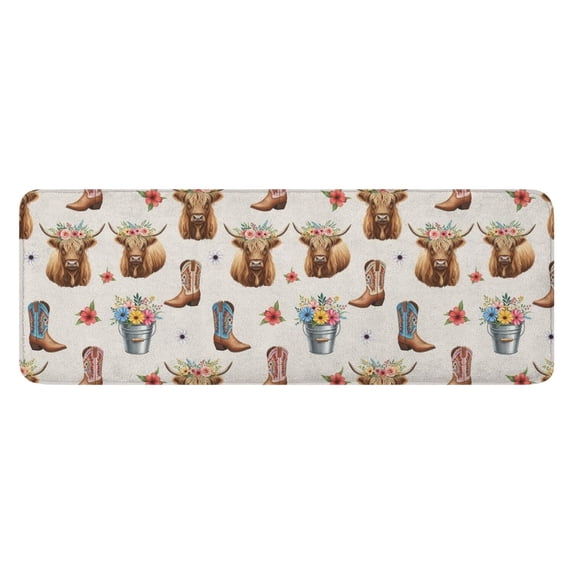 Beige Highland Cow Boot Flower Pattern Kitchen Rug Mat,Kitchen Runner Rugs Non Skid Washable,Decorative Kitchen Floor Mats for Kitchen,Sink,Laundry,17"x47.2"