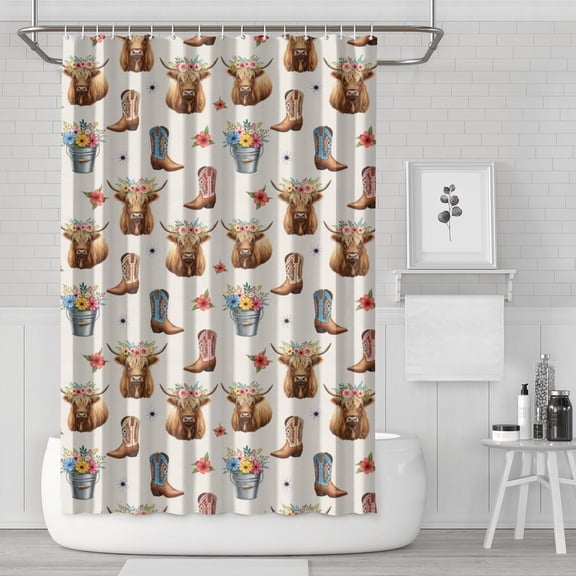 Beige Highland Cow Boot Flower Pattern Shower Curtain 72"x72" ,Bathroom Decorative Shower Curtains Set with 12 Hooks,Modern Waterproof Washable Shower Curtain