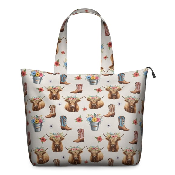 Beige Highland Cow Boot Flower Pattern Travel Tote Bags for Women Carry On,Large Weekender Bags for Women Travel,Multi Functional Duffle Bag for Work,Shopping,Sports