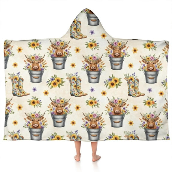 Beige Highland Cow Bucket Boot Flower Pattern Hooded Bath Towel,50"x30" for Ages 3 To 12 Kids, Quick Dry Lightweight Soft Microfiber Hood Beach Towel Cover Up for Kids