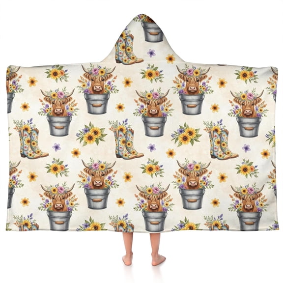 Beige Highland Cow Bucket Boot Flower Pattern Hooded Bath Towel,50"x30" for Ages 3 To 12 Kids, Quick Dry Lightweight Soft Microfiber Hood Beach Towel Cover Up for Kids