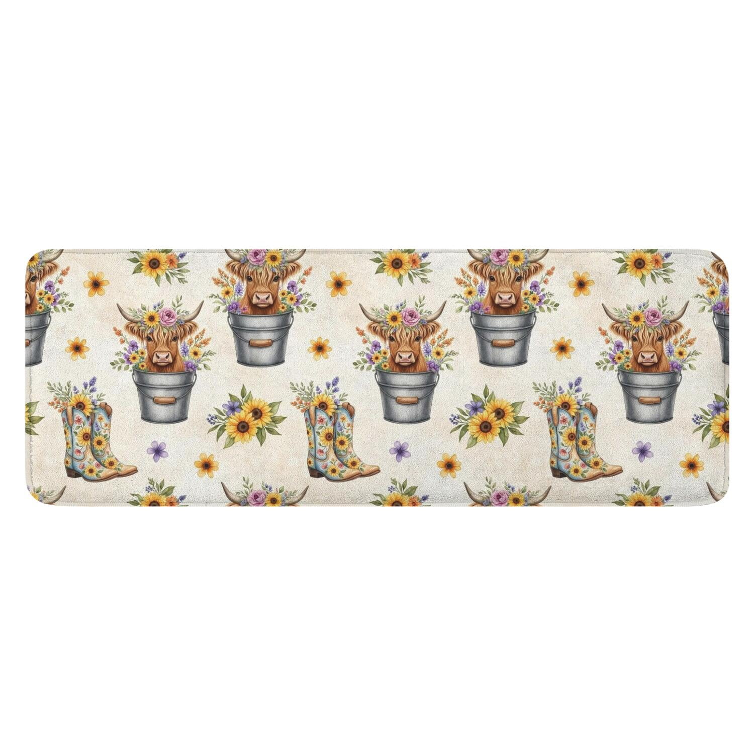 Beige Highland Cow Bucket Boot Flower Pattern Kitchen Rug Mat,Kitchen ...