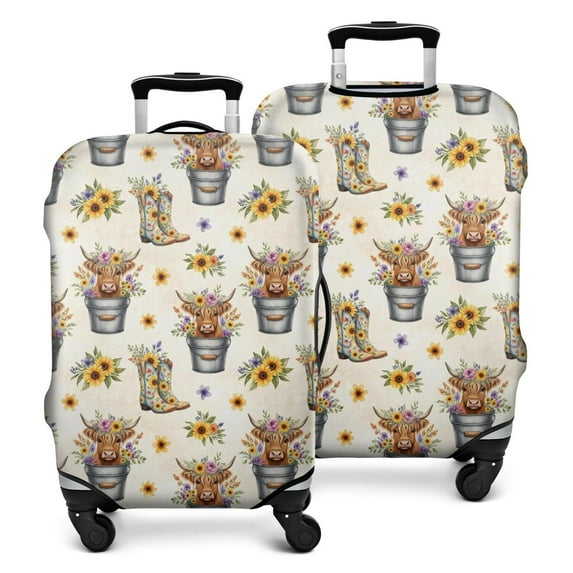 Beige Highland Cow Bucket Boot Flower Pattern Luggage Cover Fashion Suitcase Cover Baggage Covers Fit 25-28 Inch Luggage (Go Travel)