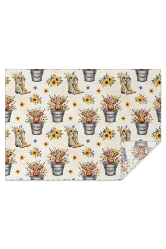 Beige Highland Cow Bucket Boot Flower Pattern Rectangle Tablecloth 60"x84",Waterproof Polyester Rectangle Table Cloth, Wipeable Spillproof Polyester Tablecloth for Dining, Camping, Indoor and Outdoor