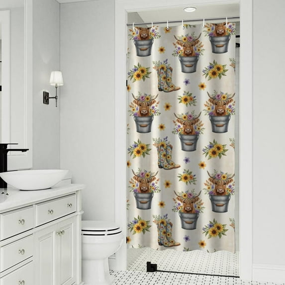 Beige Highland Cow Bucket Boot Flower Pattern Shower Curtain 36"x72" ,Bathroom Decorative Shower Curtains Set with 12 Hooks,Modern Waterproof Washable Shower Curtain