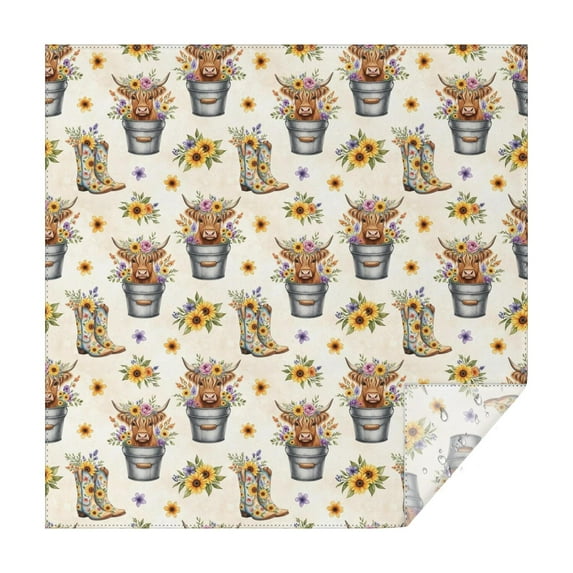 Beige Highland Cow Bucket Boot Flower Pattern Square Tablecloth,Waterproof Square Table Cover,Wipeable Spillproof Washable Table Cover for Home Kitchen Party Decor 42"X42"(107x107cm)