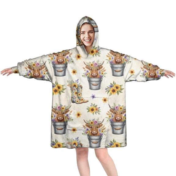 Beige Highland Cow Bucket Boot Flower Pattern Wearable Oversized Blanket,Wearable Blanket Hoodie for Adults,Cozy Hooded Blankets with Super Pockets,Super Warm Fuzzy Pullover for Women & Men
