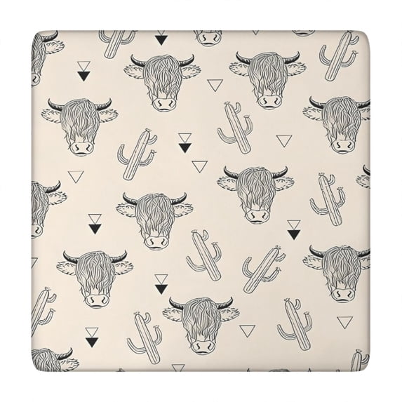 Beige Highland Cow Cactus Triangle Pattern Square Fitted Tablecloth with Elastic Edge,Square Table Cover,Washable Elastic Table Cover for Home Kitchen Party Decor 34"x34"