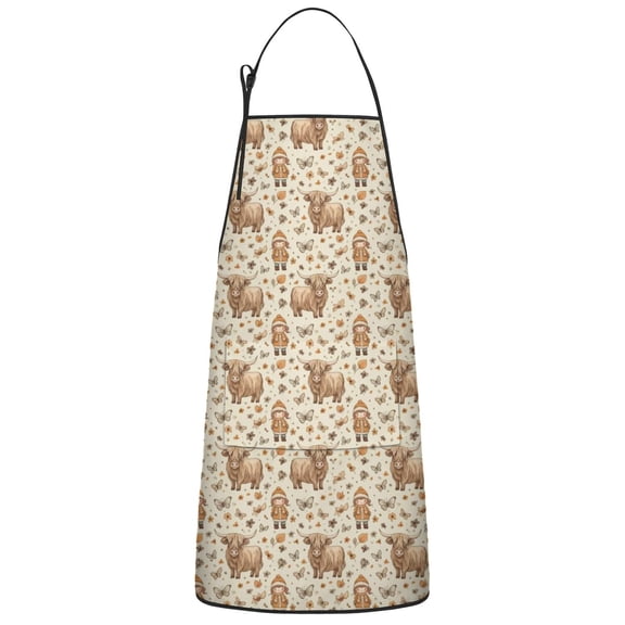 Beige Highland Cow Doll Pattern Apron-Garden Aprons for Women with Pockets-Cotton Linen Waterproof Kitchen Cooking Gardening Aprons Adjustable for Kitchen,Cooking,BBQ and Salon 33x27 Inch
