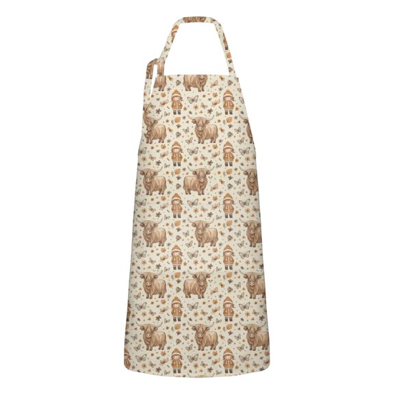 Beige Highland Cow Doll Pattern Apron-Garden Aprons for Women with Pockets-Cotton Linen Waterproof Kitchen Cooking Gardening Aprons Adjustable for Kitchen,Cooking,BBQ and Salon 33x27 Inch
