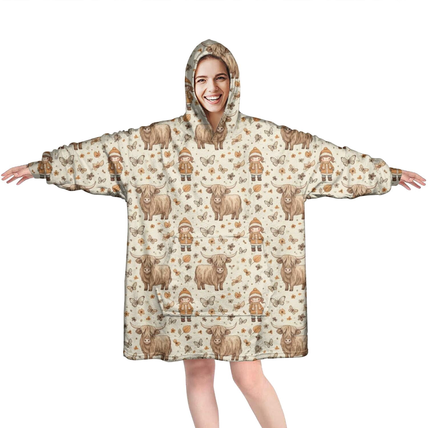 Beige Highland Cow Doll Pattern Wearable Oversized Blanket,Wearable Blanket Hoodie for Adults,Cozy Hooded Blankets with Super Pockets,Super Warm Fuzzy Pullover for Women & Men