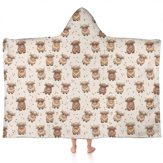 Beige Highland Cow Dot Pattern Hooded Bath Towel,60"x35" for Ages 3 To 12 Kids, Quick Dry Lightweight Soft Microfiber Hood Beach Towel Cover Up for Kids