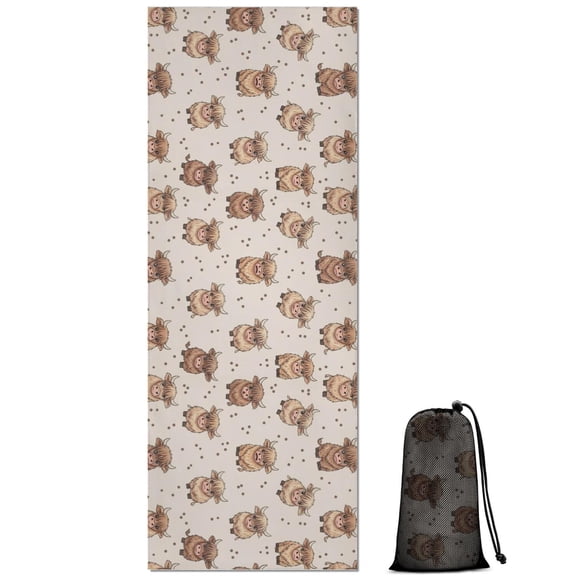 Beige Highland Cow Dot Pattern Hot Yoga Mat Towel Non Slip for Hot Yoga - Quick-Drying Yoga Mat Cover with 4 Corner Pockets with Travel Bag - Hot Yoga Towel Non Slip 70"x26"