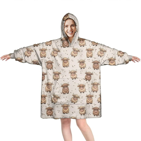 Beige Highland Cow Dot Pattern Wearable Oversized Blanket,Wearable Blanket Hoodie for Adults,Cozy Hooded Blankets with Super Pockets,Super Warm Fuzzy Pullover for Women & Men