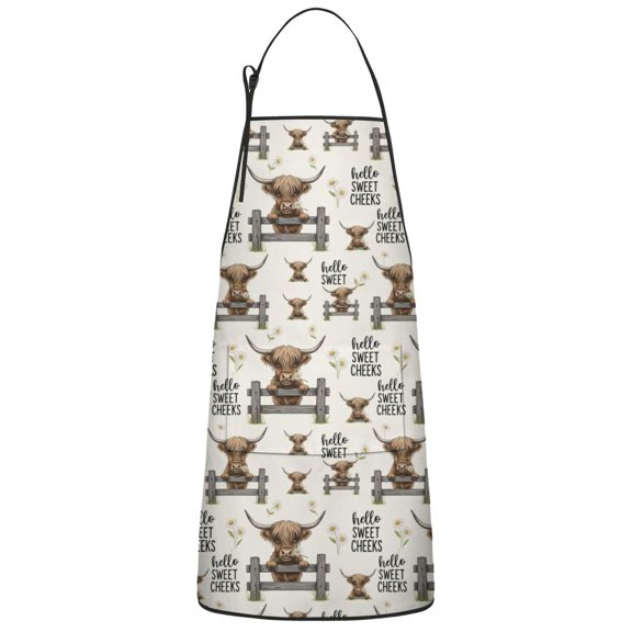 Beige Highland Cow Fence Daisy Pattern Apron-Garden Aprons for Women with Pockets-Cotton Linen Waterproof Kitchen Cooking Gardening Aprons Adjustable for Kitchen,Cooking,BBQ and Salon 33x27 Inch