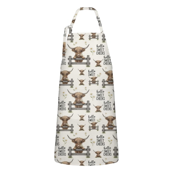 Beige Highland Cow Fence Daisy Pattern Apron-Garden Aprons for Women with Pockets-Cotton Linen Waterproof Kitchen Cooking Gardening Aprons Adjustable for Kitchen,Cooking,BBQ and Salon 33x27 Inch