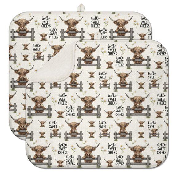 Beige Highland Cow Fence Daisy Pattern Dish Drying Mat for Kitchen 1 Pack, Ultra Absorbent Microfiber Dishes Drainer Mats,16"x18"