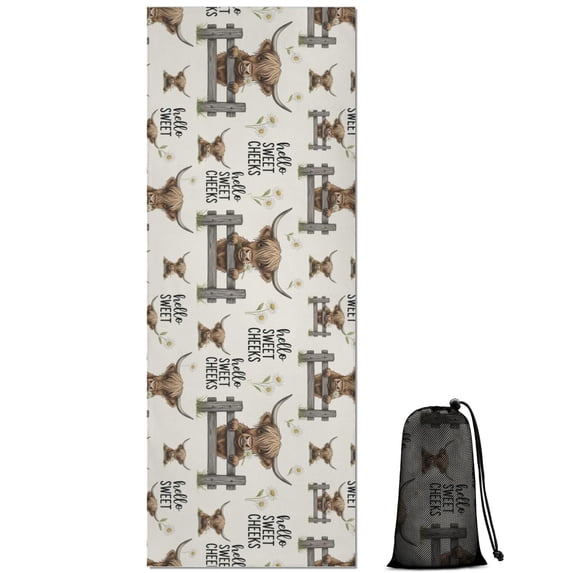 Beige Highland Cow Fence Daisy Pattern Hot Yoga Mat Towel Non Slip for Hot Yoga - Quick-Drying Yoga Mat Cover with 4 Corner Pockets with Travel Bag - Hot Yoga Towel Non Slip 74"x26"