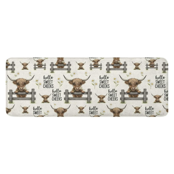 Beige Highland Cow Fence Daisy Pattern Kitchen Rug Mat,Kitchen Runner Rugs Non Skid Washable,Decorative Kitchen Floor Mats for Kitchen,Sink,Laundry,17"x47.2"