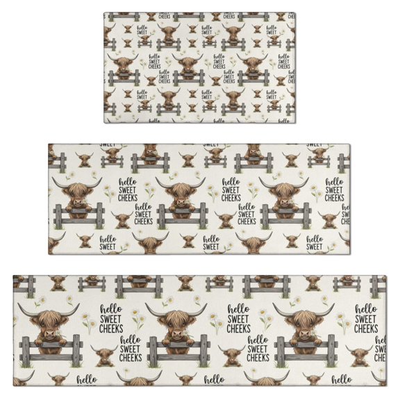Beige Highland Cow Fence Daisy Pattern Kitchen Rugs Sets Of 3,Kitchen Runner Rugs Non Skid Washable,Decorative Kitchen Floor Mats for Kitchen,Sink,Laundry,17"x30"+ 17"x47" + 17"x59"