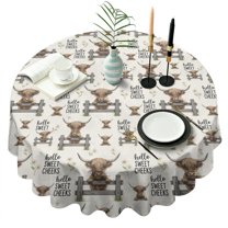 Beige Highland Cow Fence Daisy Pattern Round Tablecloth 60"x60",Wrinkle Wipeable Table Cloth for Kitchen Dining Room Picnic Patio Party