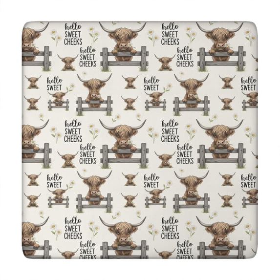 Beige Highland Cow Fence Daisy Pattern Square Fitted Tablecloth with Elastic Edge,Square Table Cover,Washable Elastic Table Cover for Home Kitchen Party Decor 34"x34"