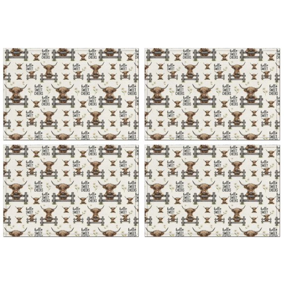 Beige Highland Cow Fence Daisy Pattern Summer Placemats Table Placemats Set Of 4-Linen Kitchen Washable Placemats Table Mats 11.8"x17.7" Non-Slip Heat Resistant