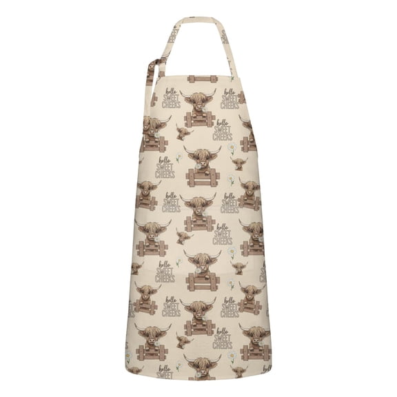 Beige Highland Cow Fence Pattern Apron-Garden Aprons for Women with Pockets-Cotton Linen Waterproof Kitchen Cooking Gardening Aprons Adjustable for Kitchen,Cooking,BBQ and Salon 33x27 Inch