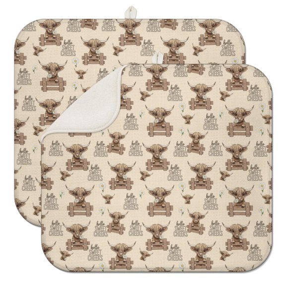 Beige Highland Cow Fence Pattern Dish Drying Mat for Kitchen 1 Pack, Ultra Absorbent Microfiber Dishes Drainer Mats,16"x18"