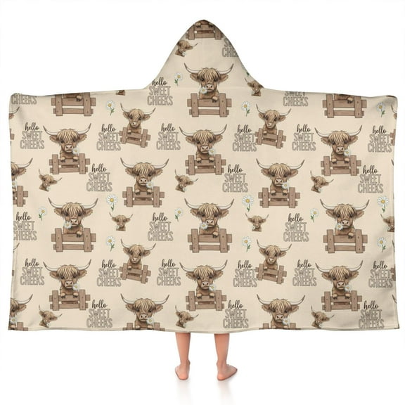 Beige Highland Cow Fence Pattern Hooded Bath Towel，50"x30" for Ages 3 To 12 Kids, Quick Dry Lightweight Soft Microfiber Hood Beach Towel Cover Up for Kids