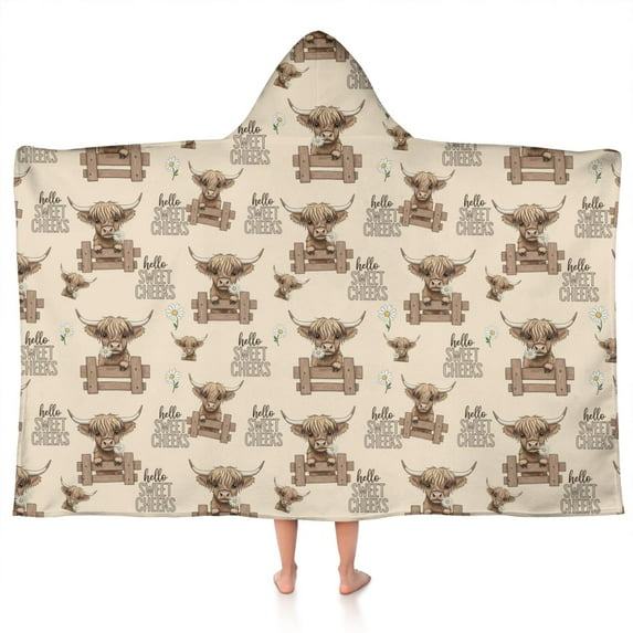 Beige Highland Cow Fence Pattern Hooded Bath Towel,50"x30" for Ages 3 To 12 Kids, Quick Dry Lightweight Soft Microfiber Hood Beach Towel Cover Up for Kids