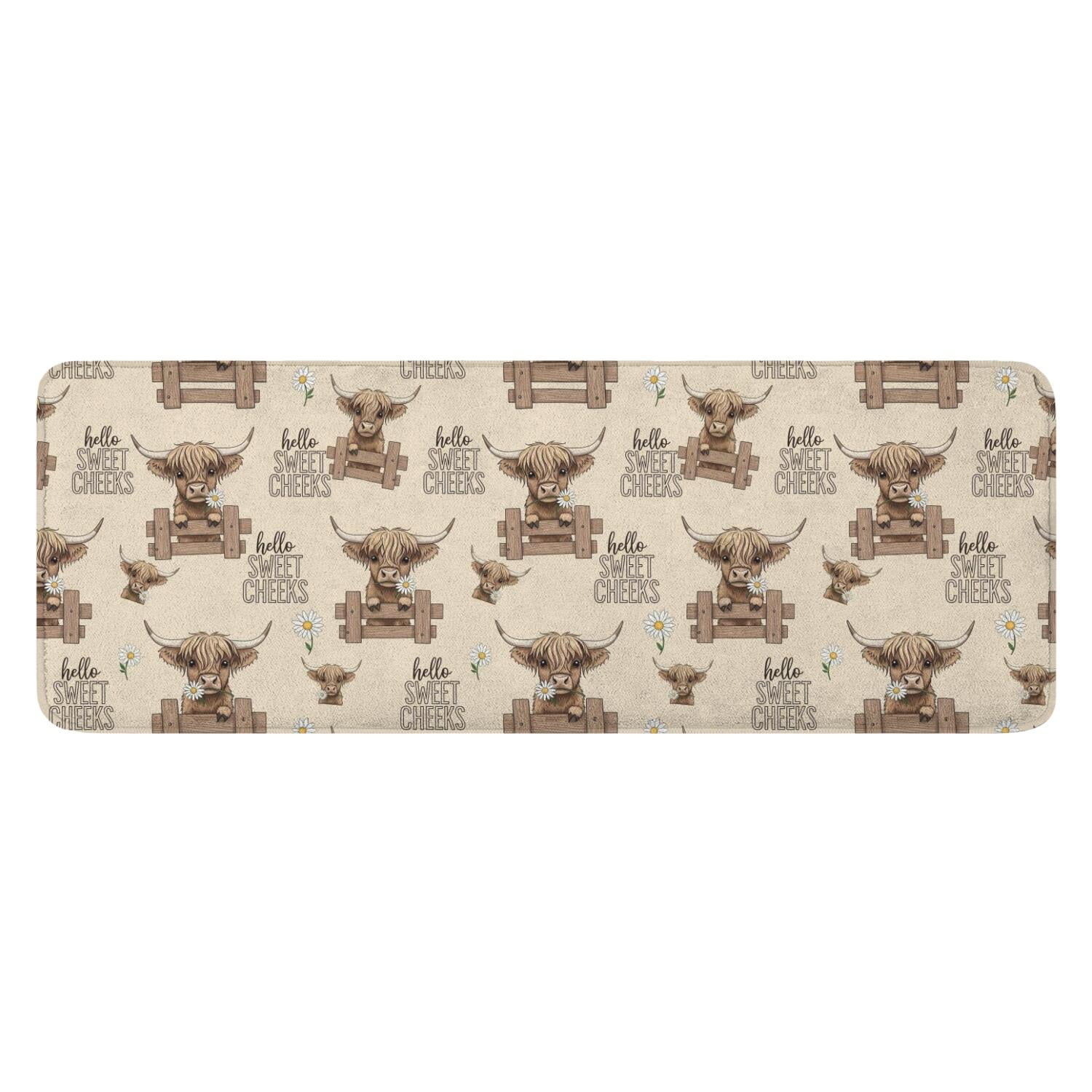 Beige Highland Cow Fence Pattern Kitchen Rug Mat,Kitchen Runner Rugs ...