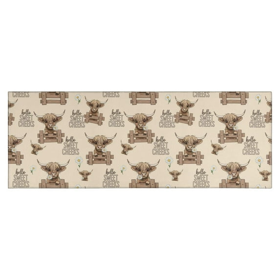Beige Highland Cow Fence Pattern Kitchen Rug Mat,Kitchen Runner Rugs Non Skid Washable,Decorative Kitchen Floor Mats for Kitchen,Sink,Laundry,17"X47"
