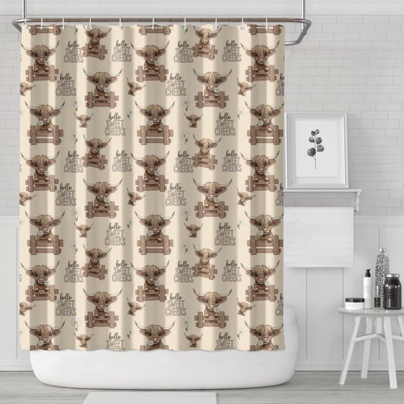 Beige Highland Cow Fence Pattern Shower Curtain 72"x84" ,Bathroom Decorative Shower Curtains Set with 12 Hooks,Modern Waterproof Washable Shower Curtain