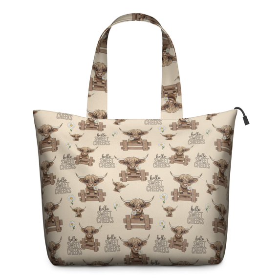 Beige Highland Cow Fence Pattern Travel Tote Bags for Women Carry On,Large Weekender Bags for Women Travel,Multi Functional Duffle Bag for Work,Shopping,Sports