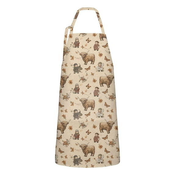 Beige Highland Cow Figure Butterfly Pattern Apron-Garden Aprons for Women with Pockets-Cotton Linen Waterproof Kitchen Cooking Gardening Aprons Adjustable for Kitchen,Cooking,BBQ and Salon 33x27 Inch
