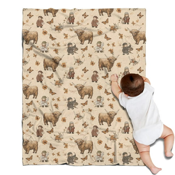 Beige Highland Cow Figure Butterfly Pattern Blanket,Comfortable Soft Flannel Throw Blanket,All Season,Warm Lightweight Blankets for Sofa Bed Couch Living Room Chair,30"x40"