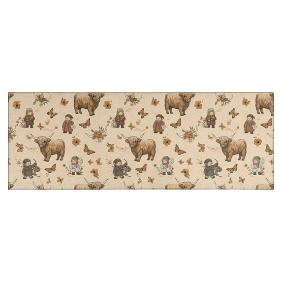 Beige Highland Cow Figure Butterfly Pattern Kitchen Rug Mat,Kitchen Runner Rugs Non Skid Washable,Decorative Kitchen Floor Mats for Kitchen,Sink,Laundry,17"X47"