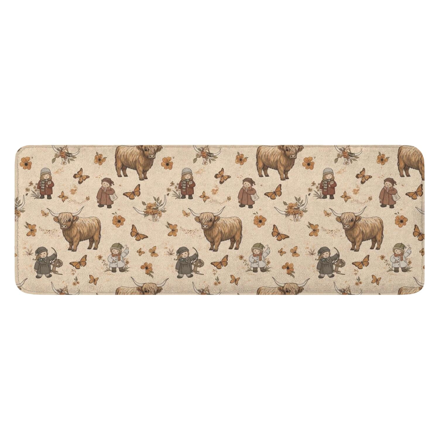 Beige Highland Cow Figure Butterfly Pattern Kitchen Rug Mat,Kitchen ...