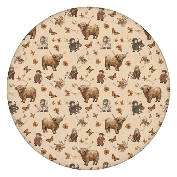 Beige Highland Cow Figure Butterfly Pattern Round Fitted Tablecloth with Elastic Edge,Dining Table Cover Waterproof,Outdoor Round Tablecloth for Camping,Dining,Indoor and Outdoor
