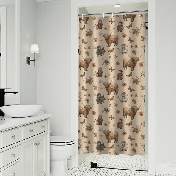 Beige Highland Cow Figure Butterfly Pattern Shower Curtain 36"x72" ,Bathroom Decorative Shower Curtains Set with 12 Hooks,Modern Waterproof Washable Shower Curtain