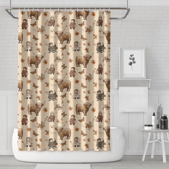 Beige Highland Cow Figure Butterfly Pattern Shower Curtain 72"x72" ,Bathroom Decorative Shower Curtains Set with 12 Hooks,Modern Waterproof Washable Shower Curtain