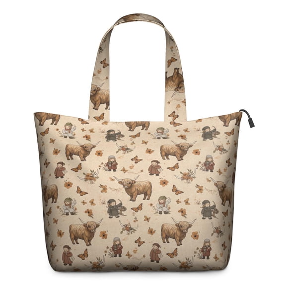Beige Highland Cow Figure Butterfly Pattern Travel Tote Bags for Women Carry On,Large Weekender Bags for Women Travel,Multi Functional Duffle Bag for Work,Shopping,Sports
