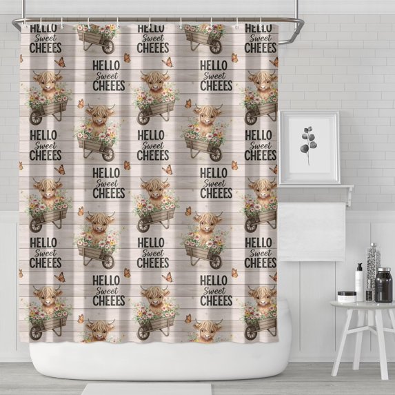 Beige Highland Cow Flower Cart Pattern Shower Curtain 72"x84" ,Bathroom Decorative Shower Curtains Set with 12 Hooks,Modern Waterproof Washable Shower Curtain